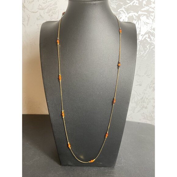 Korea Marked Gold Tone Beaded Necklace With Orange Glass Beads - Picture 1 of 4